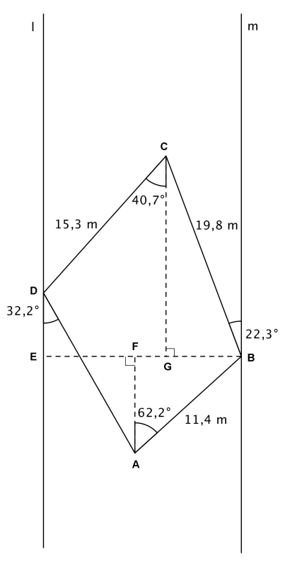 Firkant tegnet mellom to parallelle linjer l og m. Linja l går gjennom punktet D i firkanten, og linja m går gjennom punktet B. DC=15,3 m, BC=19,8 m, AB=11,4 m, vinkelen mellom linja l og DA er 32,2 grader, vinkelen mellom linja m og BC er 22,3 grader. Fra B er det nedfelt en normal på linja l, og fotpunktet kalles E. Fotpunktet fra A ned på BE kalles F og fotpunktet fra C ned på BE kalles G. Vinkel DCG er 40,7 grader og vinkel BAF er 62,2 grader.